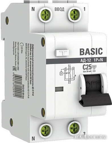 Дифференциальный автомат EKF Basic АД-12 1P+N 25А 30мА АС C DA12-25-30-bas