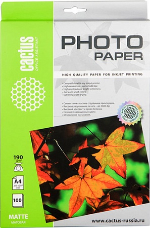 Фотобумага CACTUS Матовая A4 190 г/кв.м. 100 листов(CS-MA4190100)