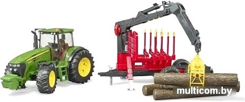 Bruder John Deere 7930 with forestry trailer and 4 trunks 03054