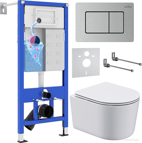 Унитаз подвесной Roxen Simple compact в комплекте с инсталляцией StounFix Dual Fresh 6 в 1 968486 (кнопка: сатин)