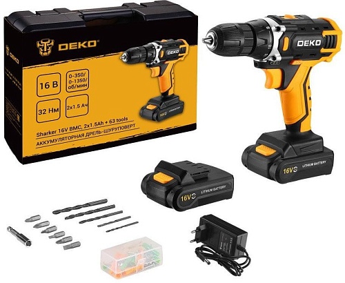 Дрель-шуруповерт Deko Sharker 16V Set 63 083-1041 (с 2-мя АКБ, кейс)