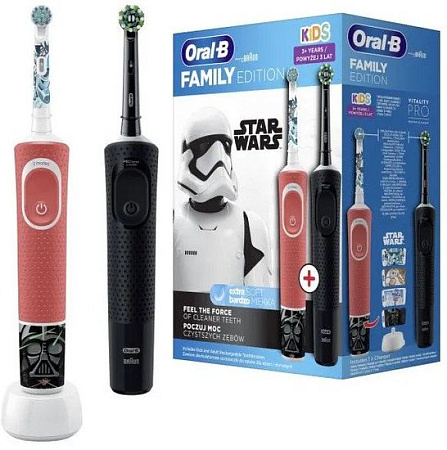 Комплект зубных щеток Oral-B Vitality Pro Cross Action + Vitality D100 Kids Star Wars (2 шт, черный/красный)