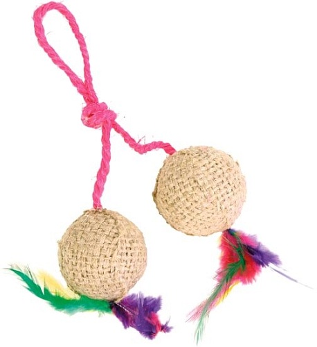 Игрушка для кошек Trixie в виде 2 мячиков с кошачей мятой и перьями на веревке (4501)