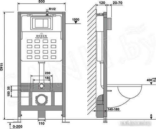 Унитаз подвесной Roxen Simple Compact в комплекте с инсталляцией StounFix Slim 6 в 1 966808 (кнопка: серый гранит)