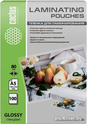 Пленка для ламинирования CACTUS глянцевая A5, 80 мкм, 100 л