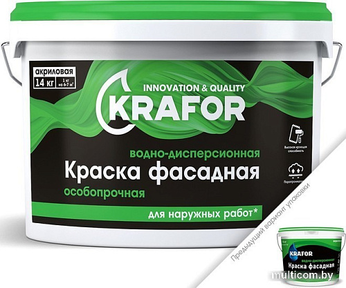 Краска Krafor Фасадная особопрочная ВД акриловая 1.5 кг (белый)