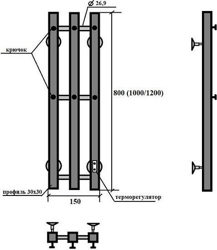 Полотенцесушитель Granula Квадро Вертикаль 15х120 (терморегулятор с таймером, черный)