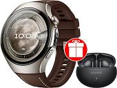 Умные часы Huawei Watch 5 46 мм (титановый, с коричневым силиконовым ремешком, международная версия) + наушники Huawei FreeBuds 6i по акции