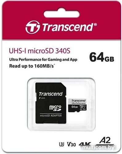 Карта памяти Transcend microSDXC 340S 64GB (с адаптером)