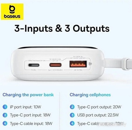 Внешний аккумулятор Baseus Qpow Pro+ Digital Display Fast Charge 22.5W 10000mAh (белый)