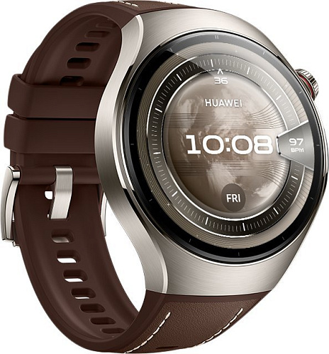 Умные часы Huawei Watch 5 46 мм (титановый, с коричневым силиконовым ремешком, международная версия)