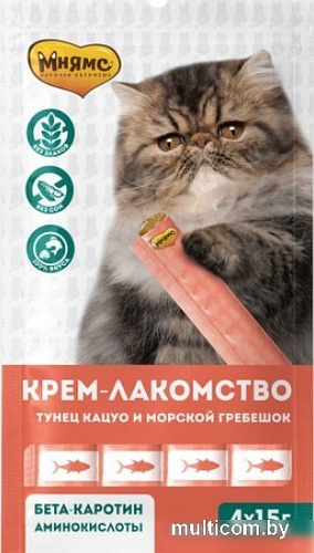 Лакомство для кошек Мнямс Крем-лакомство с тунцом Кацуо и морским гребешком 15 г (4 шт)