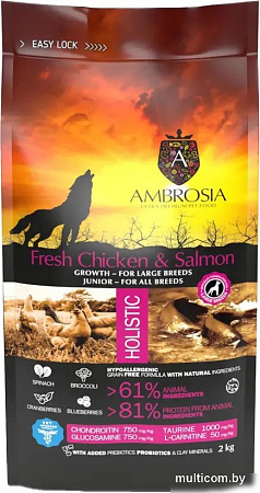 Сухой корм для собак Ambrosia Grain Free (для щенков крупных пород курица и лосось) 2 кг