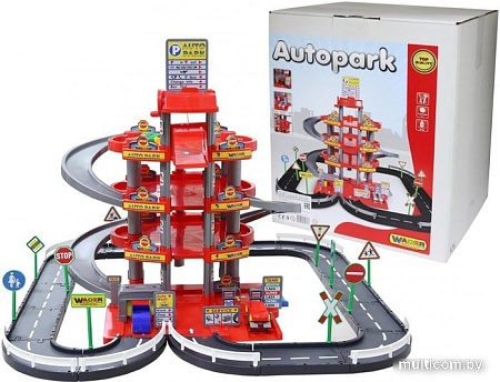 Элемент трека Полесье Паркинг 4-уровневый с дорогой и автомобилями (красный) 44723