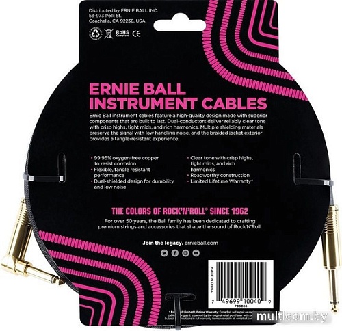 Гитарный кабель Ernie Ball P06086 6.3 мм - 6.3 мм (5.49 м, черный)