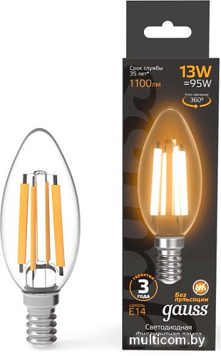 Светодиодная лампочка Gauss Filament Свеча 13W 1100lm 2700К Е14 LED 1/10/50 103801113