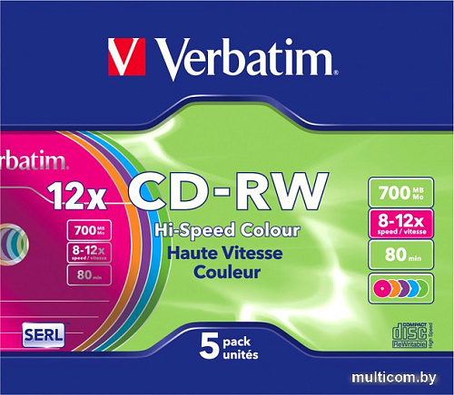 CD-RW диск Verbatim Colour 700Mb 12x 43167 (SlimCase, 5 шт.)