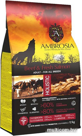 Сухой корм для собак Ambrosia Adult All Breeds Beef & Fresh Salmon (для всех пород с говядиной и лососем) 12 кг