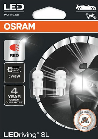 Светодиодная лампа Osram W5W LEDriving Red 2шт