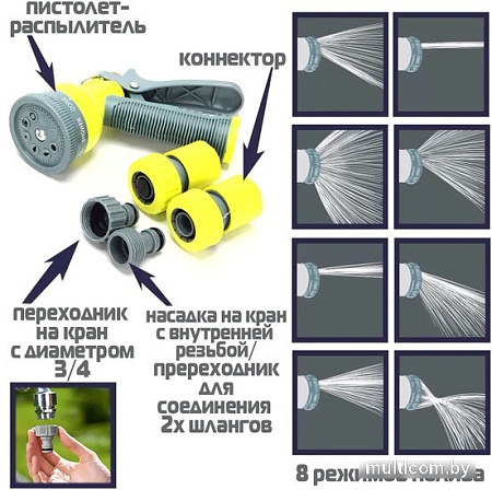 Распылитель Inbloom Пистолет-распылитель 8 режимов 2 коннектора 3/4 (зеленый/желтый)