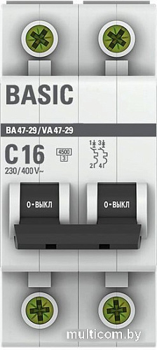 Выключатель автоматический EKF ВА 47-29 2P 16A (C) 4.5кА mcb4729-2-16C