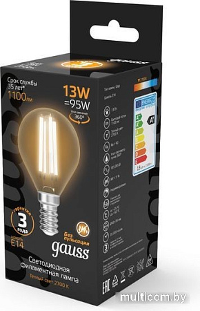 Светодиодная лампочка Gauss Filament Шар 13W 1100lm 2700К Е14 LED 1/10/50 105801113