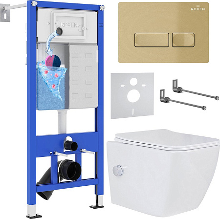 Унитаз подвесной Roxen Cube bidet в комплекте с инсталляцией StounFix Dual Fresh 6 в 1 968095 (кнопка: брашированное золото)