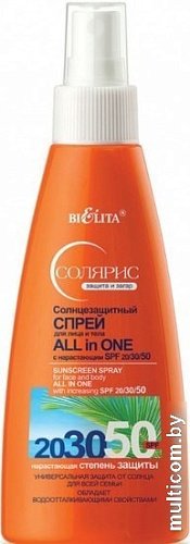Средства для загара, автозагар Belita Солнцезащитный спрей ALL IN ONE с нарастающим SPF 20/30/50 150мл