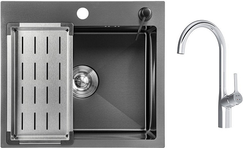 Кухонная мойка Saniteco 5045 Nano + Spike F9S07000 (хром, с сифоном, дозатором и коландером)