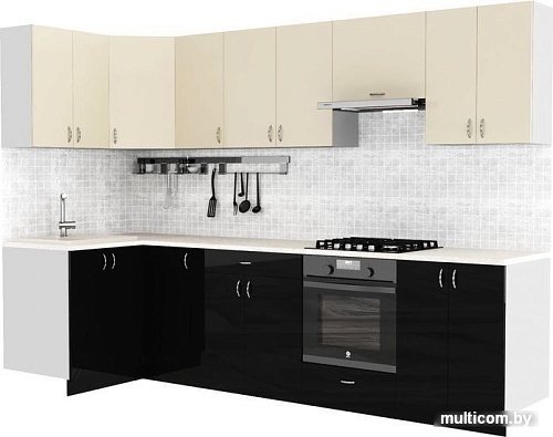 Готовая кухня S-Company Клео глосc 1.2x3.0 левая (черный глянец/ваниль глянец)
