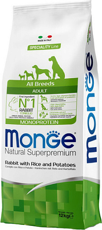 Сухой корм для собак Monge All Breeds Adult Monoprotein Rabbit, Rice and Potatoes (для всех пород с кроликом, рисом и картофелем) 12 кг