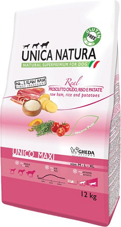 Сухой корм для собак Unica Natura Unico Maxi с сыровяленой ветчиной, рисом и картофелем 12 кг