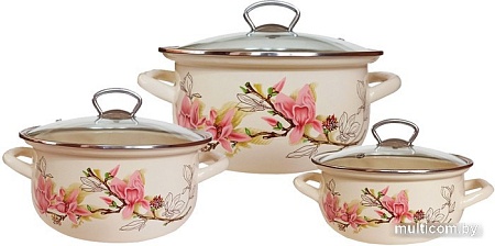 Набор кастрюль КМЗ Магнолия-1-Экстра стиль (3 шт, слоновая кость)