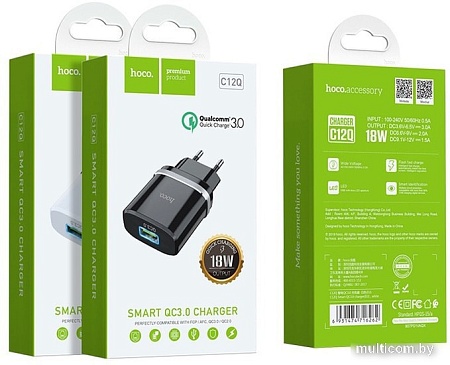 Сетевое зарядное Hoco C12Q Smart (черный)