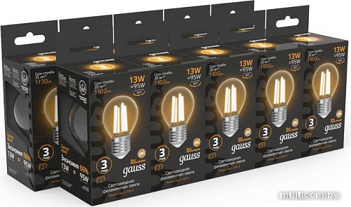 Светодиодная лампочка Gauss Filament Шар 13W 1100lm 2700К Е27 LED 1/10/50 105802113