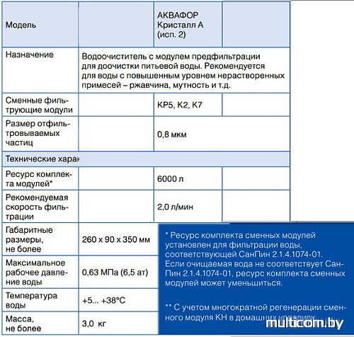 Стационарная система &quot;под мойкой&quot; АКВАФОР Кристалл А (исп. 2)