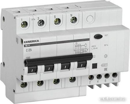 Дифференциальный автомат Generica АД14 4Р 25А 30мА MAD15-4-025-C-030