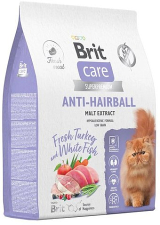 Сухой корм для кошек Brit Care Superpremium Anti-Hairball с белой рыбой и индейкой (вывод шерсти) 7 кг