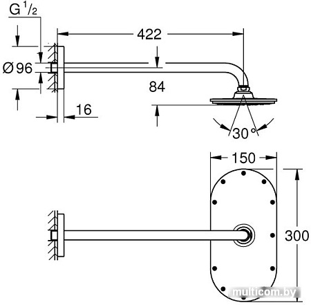 Верхний душ Grohe Rainshower Veris 300 x 150 (хром) (422мм) [26170000]