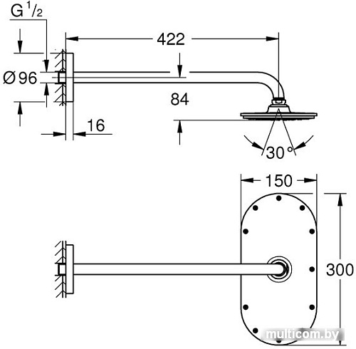 Верхний душ Grohe Rainshower Veris 300 x 150 (хром) (422мм) [26170000]