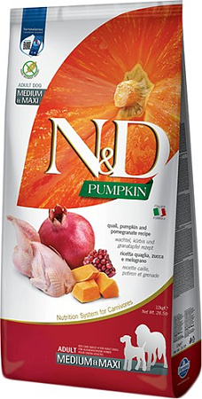 Сухой корм для собак Farmina N&D Pumpkin Quail & Pomegranate Adult Medium & Maxi (для взрослых средних и крупных пород с тыквой, перепелом и гранатом) 12 кг