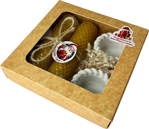 Подарочный набор Вендитио Ozarich Крафт Новогодний с 2-мя свечами и подсвечниками (желтый)