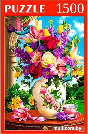 Пазл Рыжий кот Цветы и колибри