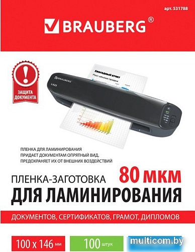 Пленка для ламинирования BRAUBERG Brauberg 100x146 мм 80 мкм 100 шт 531788 (глянцевый, прозрачный)