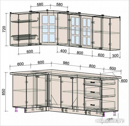 Угловая кухня Интерлиния Мила Деко 1.2x2.4 (белый/кастилло темный)