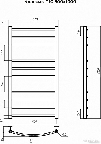 Полотенцесушитель TERMINUS Классик П10 500x1000 (сатин)