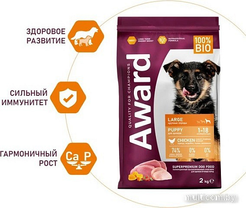 Сухой корм для собак Award Puppy Large для щенков крупных пород с курицей, индейкой с добавлением тыквы и шиповника 2 кг
