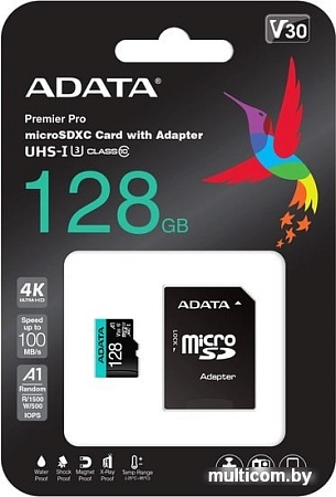 Карта памяти A-Data Premier Pro AUSDX128GUI3V30SA2-RA1 microSDXC 128GB (с адаптером)