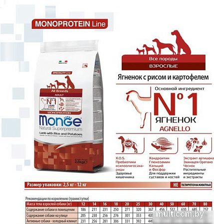 Сухой корм для собак Monge All Breeds Adult Monoprotein Lamb with Rice and Potatoes (для взрослых с ягненком, рисом и картофелем) 12 кг