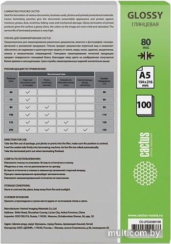 Пленка для ламинирования CACTUS глянцевая A5, 80 мкм, 100 л